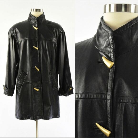 90s Worthington Butter Soft Black Leather Car Coat, Gold Claw button size Medium - Picture 1 of 13